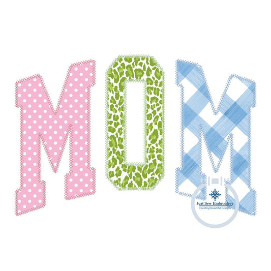 MOM Arched Applique Multicolored Embroidery Design Academic Font Diamond Edge Six Sizes 5x7, 8x8, 9x9, 6x10, 7x12, and 8x12 Hoop