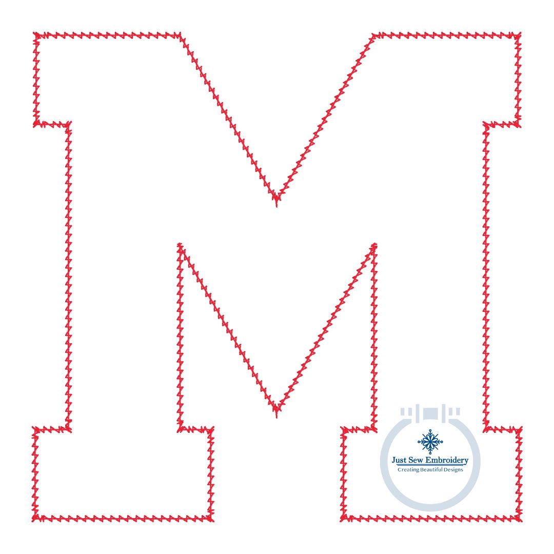 M Varsity Chenille Yarn Applique Varsity Font Zigzag Machine Embroidery Design Five Sizes 4x4, 5x5, 6x6, 7x7, and 8x8 Inch.