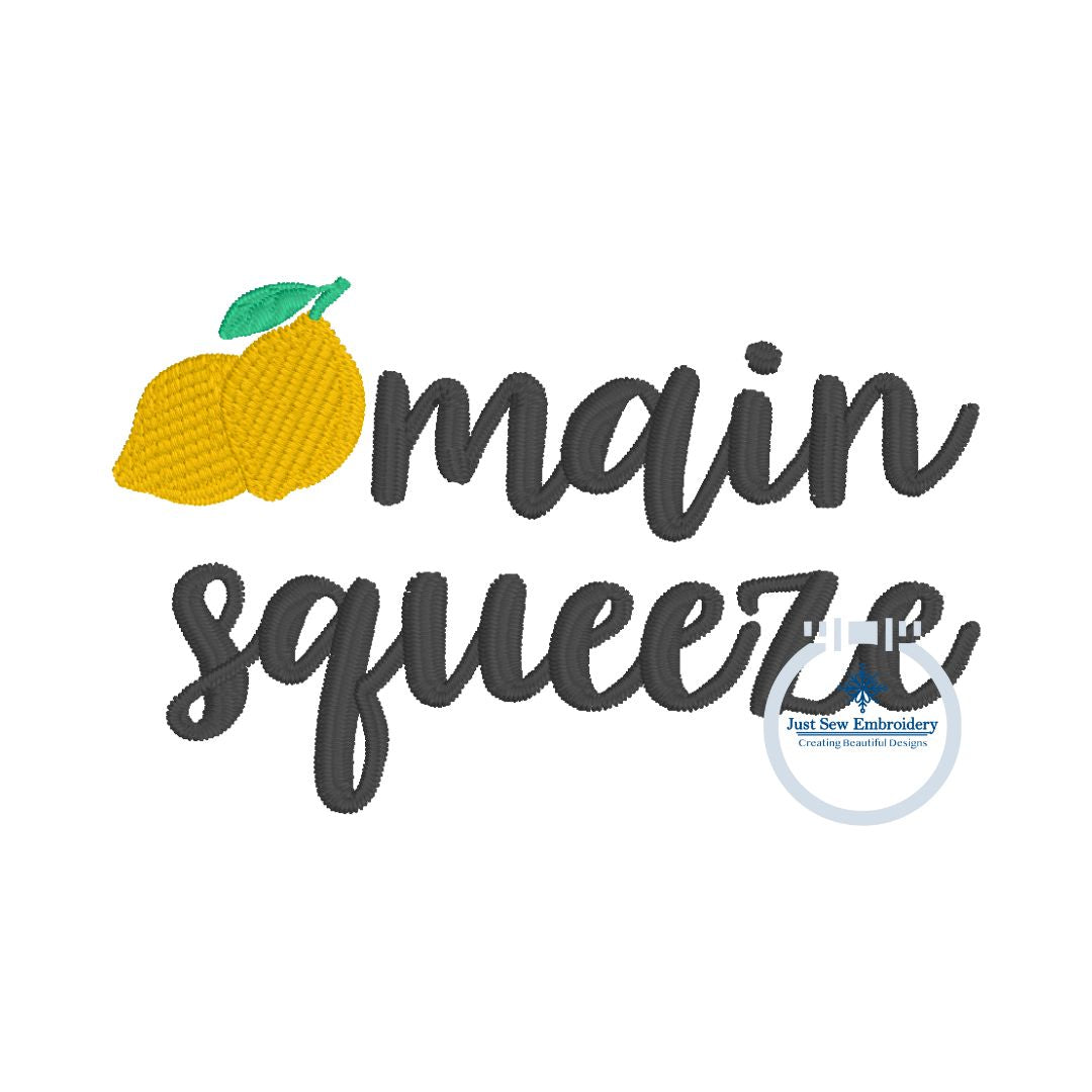 Main Squeeze Saying With Lemon Satin Stitch Embroidery Design Two Sizes 3 ad 4 inch