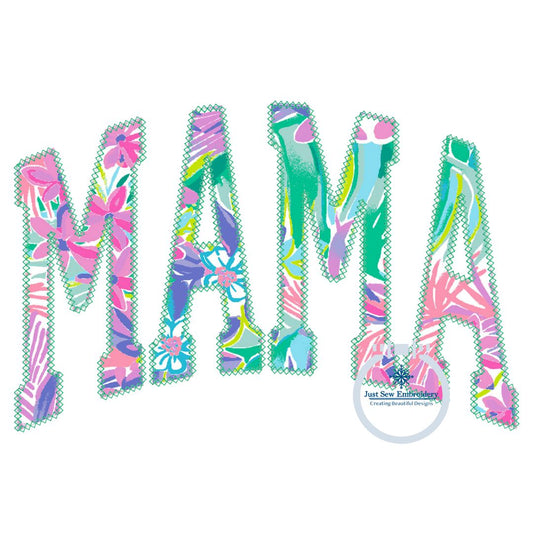 MAMA Arched Diamond Stitch Applique Embroidery Design Academic Font Six Sizes 5x7, 8x8, 9x9, 6x10, 7x12 and 8x12 Hoop