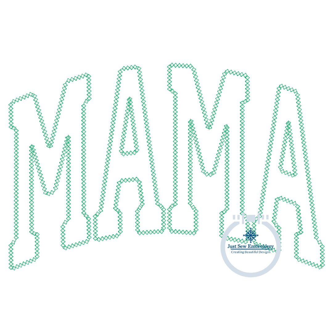 MAMA Arched Diamond Stitch Applique Embroidery Design Academic Font Six Sizes 5x7, 8x8, 9x9, 6x10, 7x12 and 8x12 Hoop