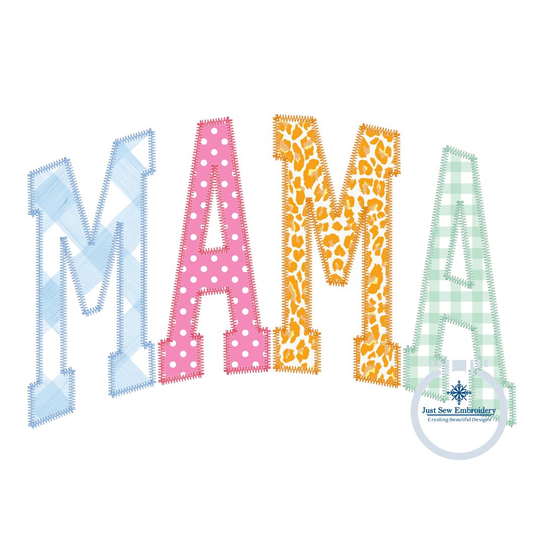 MAMA Arched Multi Colored Zigzag Applique Embroidery Design Academic Font Four Sizes 5x7, 8x8, 6x10, and 8x12 Hoop