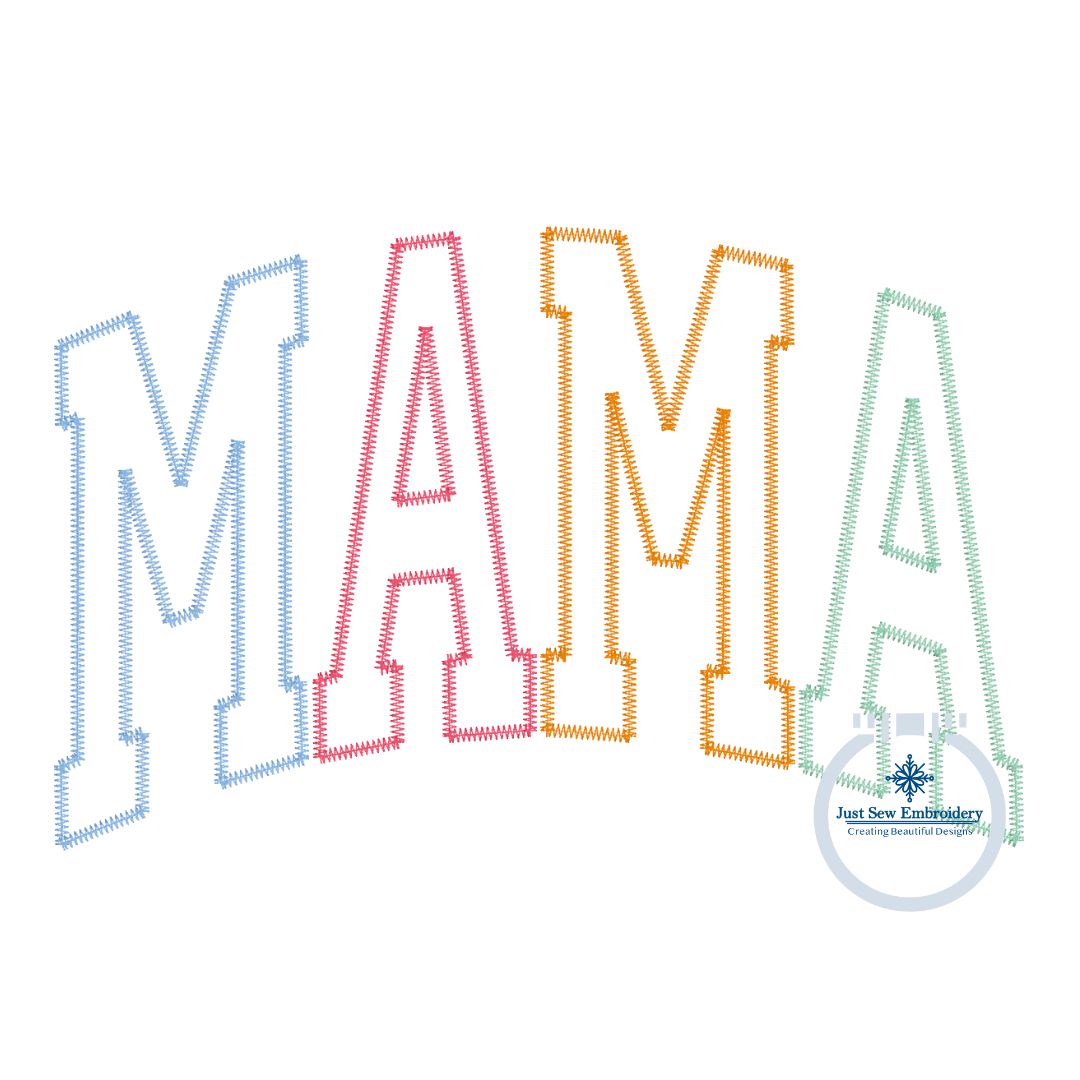 MAMA Arched Multi Colored Zigzag Applique Embroidery Design Academic Font Four Sizes 5x7, 8x8, 6x10, and 8x12 Hoop