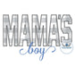 Mama's Boy Applique with Satin Script Embroidery Design Zigzag Edge Stitch Five Sizes 5x7, 8x8, 6x10, 7x12, and 8x12 Hoop