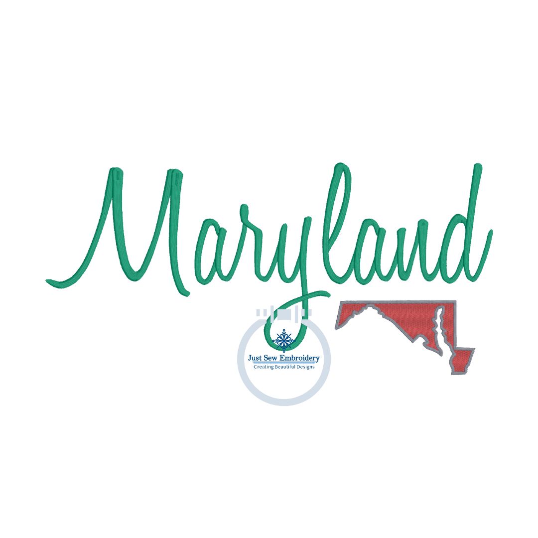 Maryland Embroidered Script Satin Stitch with Fill Stitch State MD Five Sizes 5x7, 8x8, 9x9, 6x10, and 7x12 Hoop