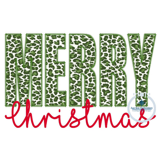 Merry Christmas Applique Machine Embroidery Design with Zigzag Finishing Stitch and Satin Script One Sizes 8x12 Hoop