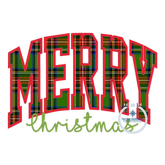 Merry Christmas Arched Satin Applique Embroidery Design Satin Script Six Sizes 5x7, 8x8, 9x9, 6x10, 7x12, and 8x12 Hoop