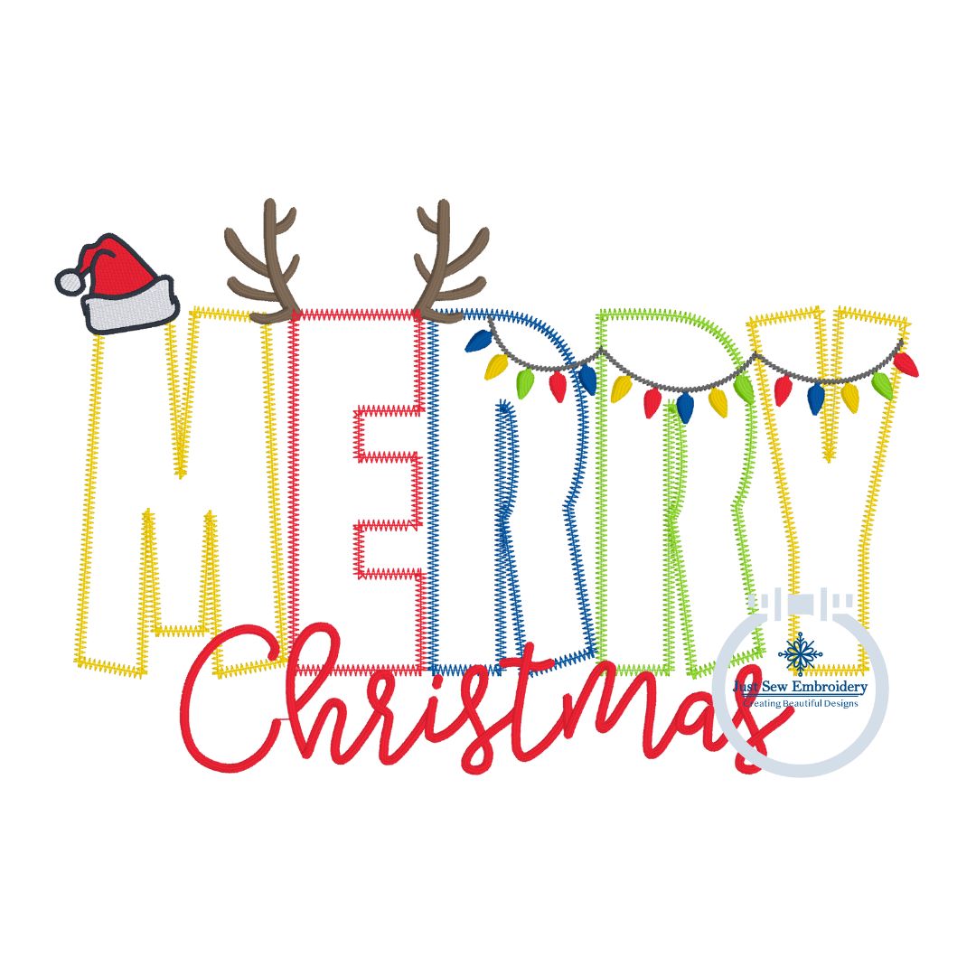 Merry Christmas Zigzag Applique Embroidery Machine Design Five Sizes 5x7, 8x8, 6x10, 7x12, and 8x12 Hoop