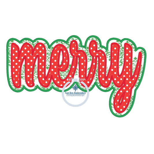 Merry Two Layer Christmas Applique Embroidery Design with Satin Finishing Stitch Four Sizes 8x8, 9x9, 6x10, and 8x12 Hoop