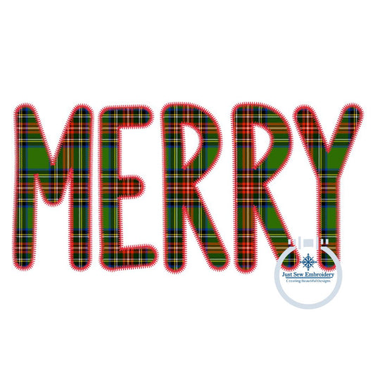 Merry Tall Zigzag Christmas Applique Embroidery Machine Design Four Sizes 5x7, 8x8, 6x10, 7x12 Hoop