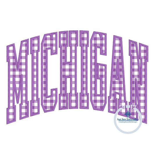 Michigan Arched Satin Applique Embroidery Design MI Four Sizes 9x9, 6x10, 7x12, and 8x12 Inch Hoop