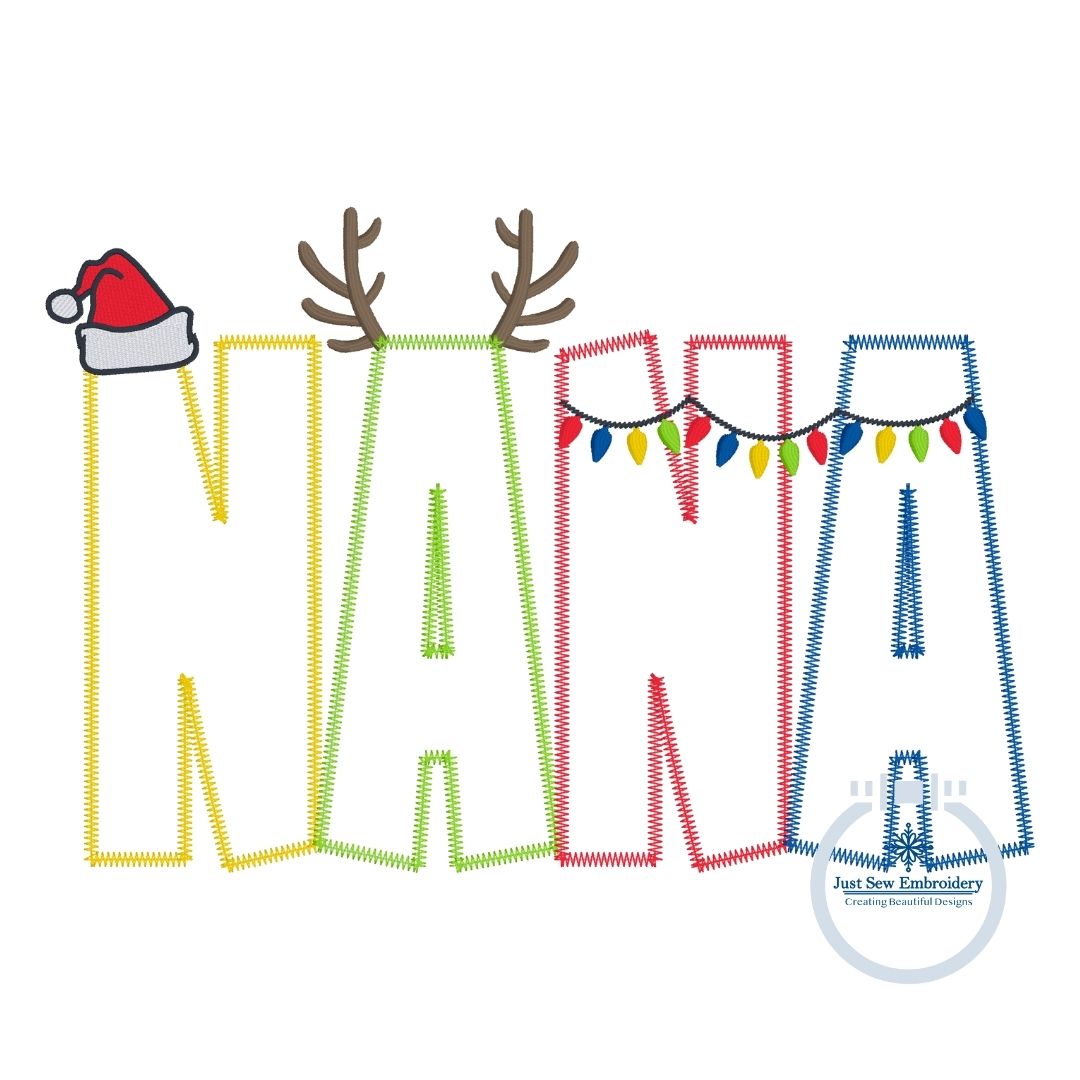 NANA Christmas Applique Embroidery Design Zigzag Applique Five Sizes 5x7, 8x8, 6x10, 7x12, and 8x12 Hoop