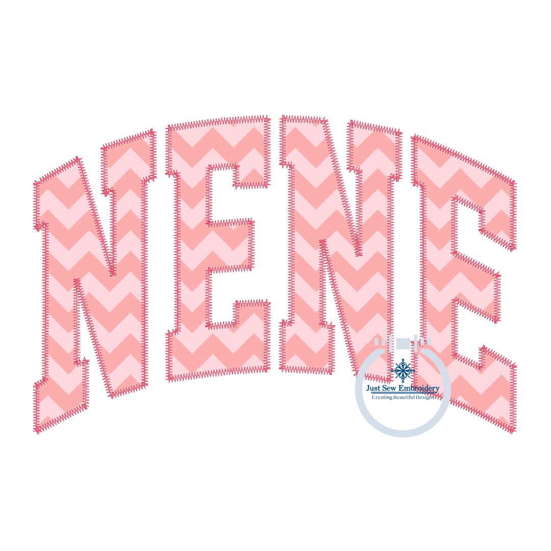 Nene Monogram NENE Arched Applique Embroidery Design ZigZag Stitch Six Sizes 5x7, 8x