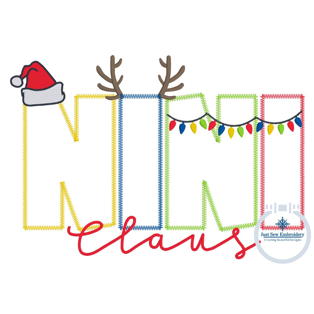 NINI Claus Christmas Applique Embroidery Design Zigzag Applique Five Sizes 5x7, 8x8, 6x10, 7x12, and 8x12 Hoop