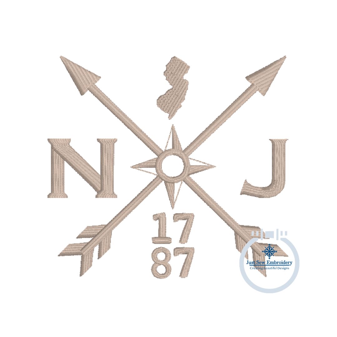 NJ 1787 Arrow Embroidery Design Two Sizes Hat and 4x4 New Jersey Compass Machine Embroidery