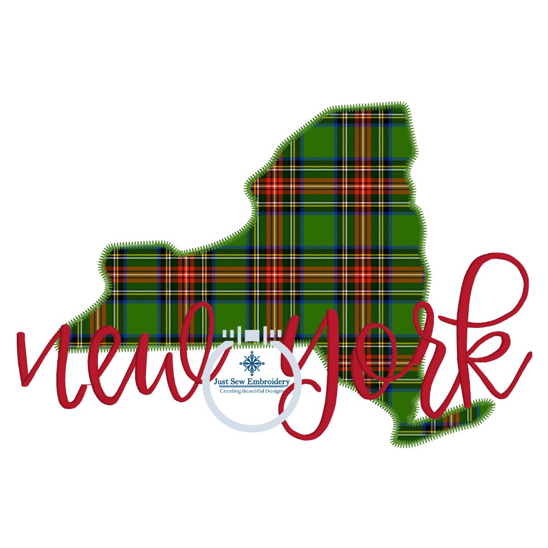 New York Zigzag State Applique with Embroidered Script Overlapping Design Three Sizes 6x10, 7x12, and 8x12 Hoop