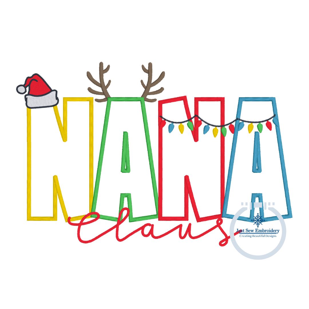 NANA Claus Christmas Applique Embroidery Design Satin Applique Four Sizes 8x8, 6x10, 7x12, and 8x12 Hoop