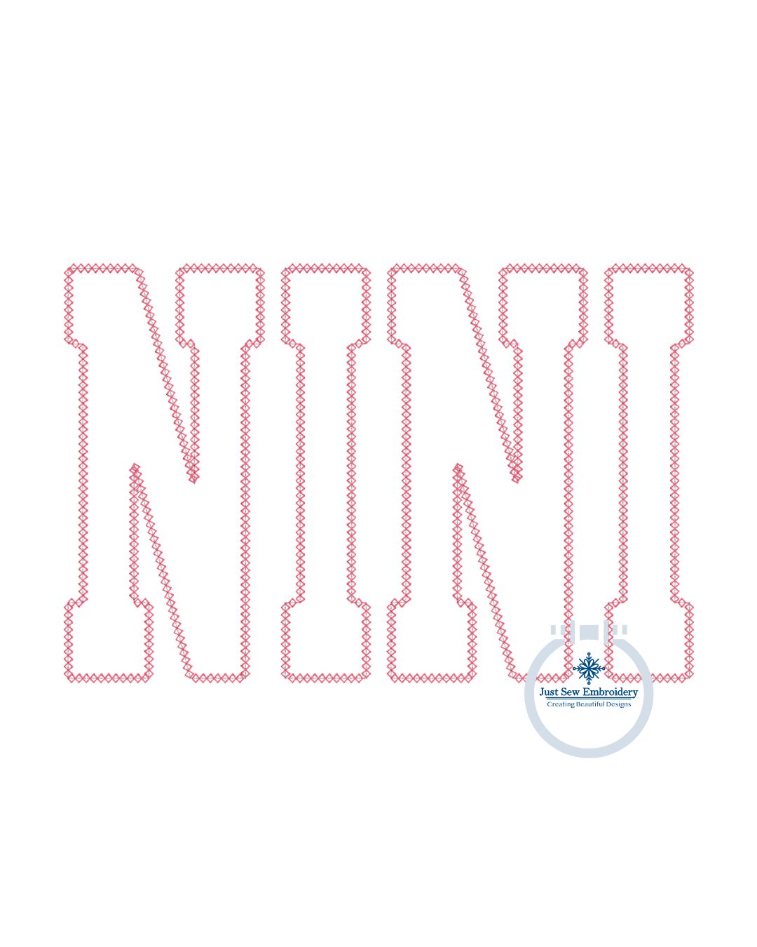 Nini Applique Embroidery Design Diamond Edge Stitch Grandma Mother's Day Gift Six Sizes 5x7, 8x8, 9x9, 6x10, 7x12, and 8x12 Hoop