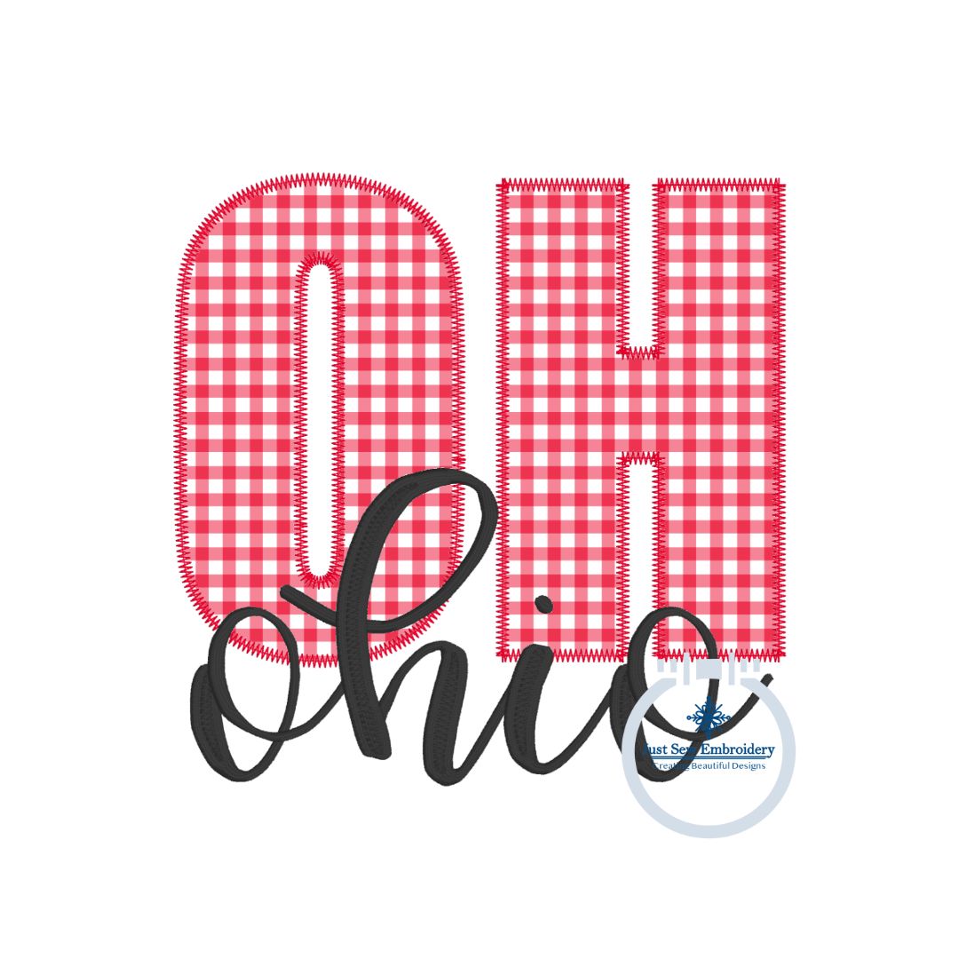 OH Block Applique Embroidery with Script OHIO Overlap Five Sizes 4x4,