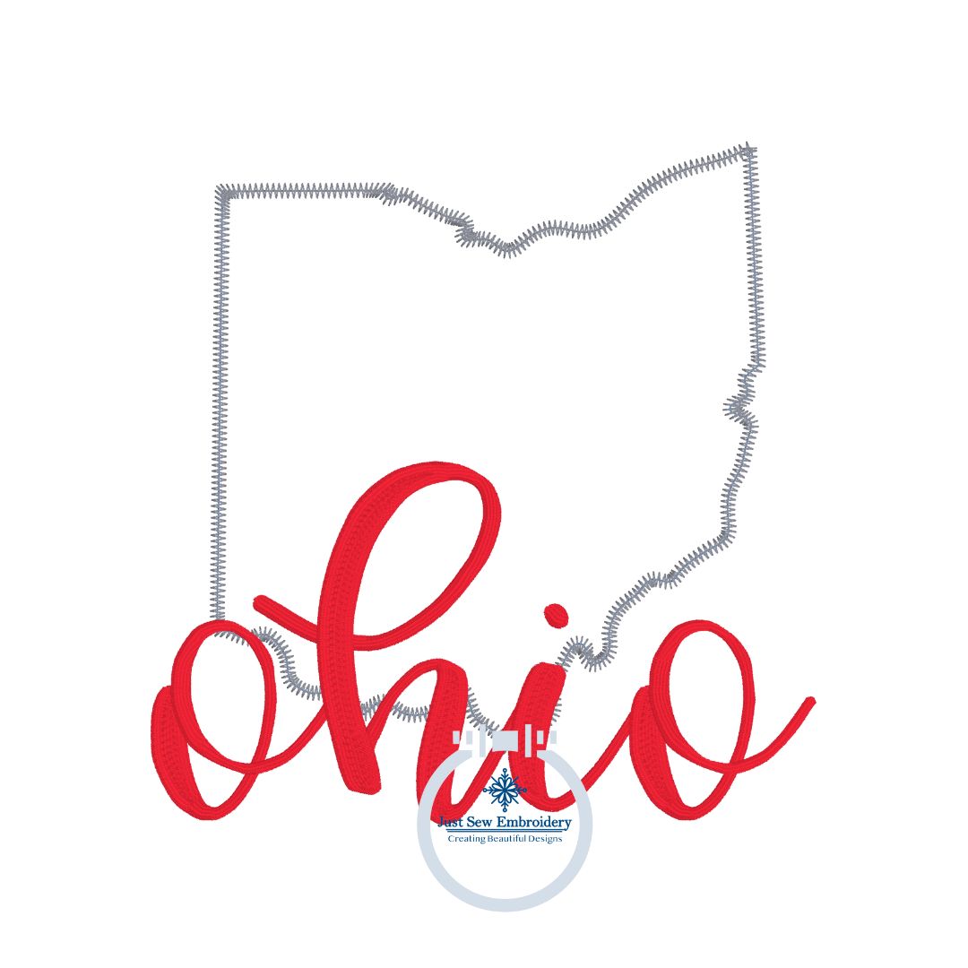 Ohio State Applique Embroidery Design Zigzag Edge with Ohio Script Split Satin Stitch Four Sizes 5x7, 6x10, 7x12, and 8x8 Hoop