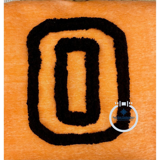 O Chenille Yarn Applique Varsity Font Zigzag Machine Embroidery Design Five Sizes 4x4, 5x5, 6x6, 7x7, and 8x8 Inch.