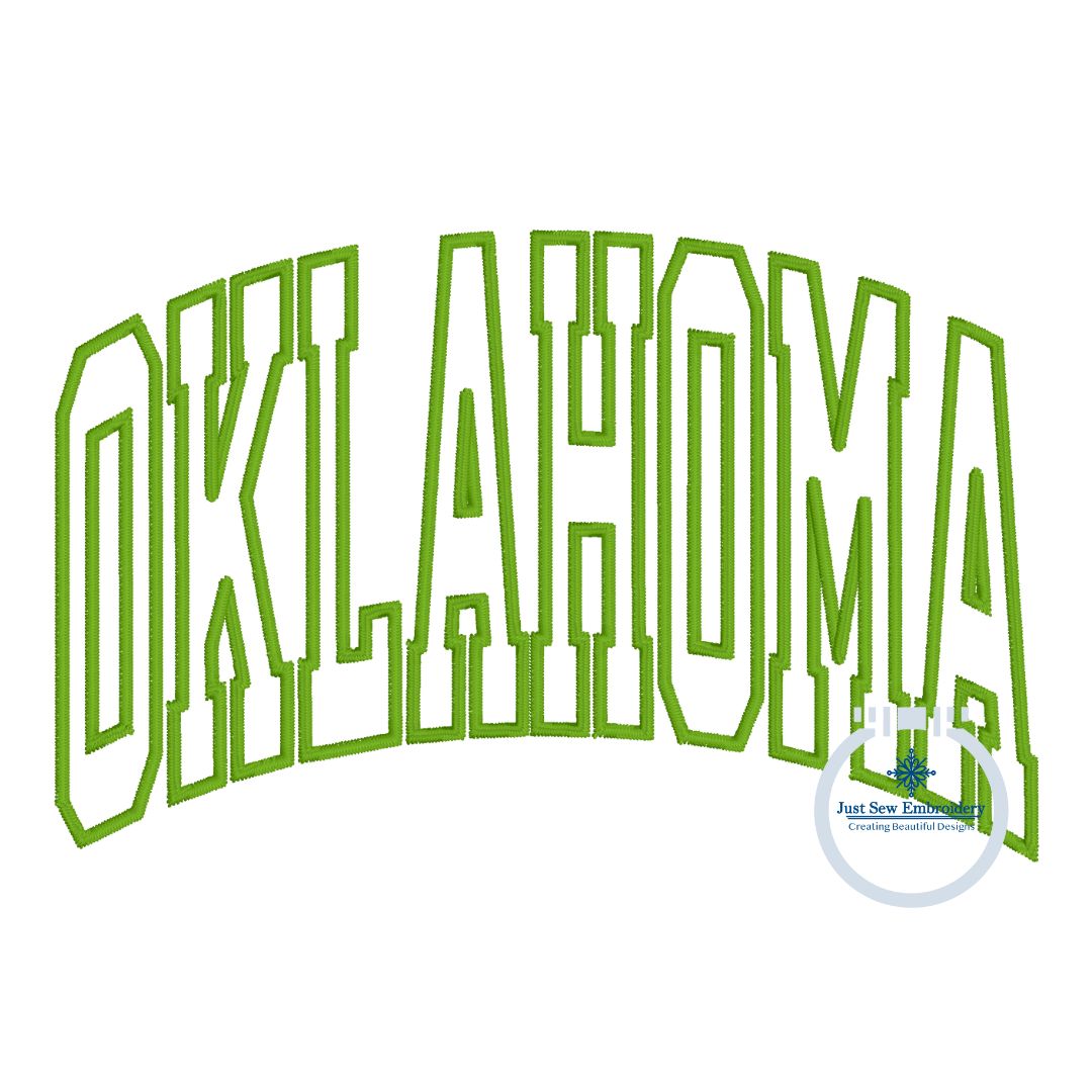 OKLAHOMA Arched Satin Applique Embroidery Design Three Sizes 6x10, 7x12 and 8x12 Hoop OK