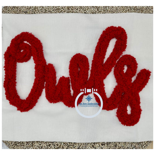 Owls Script Chenille Yarn Applique Embroidery Five Sizes 5x7, 6x10, 8x8, 7x12, and 8x12 Hoop