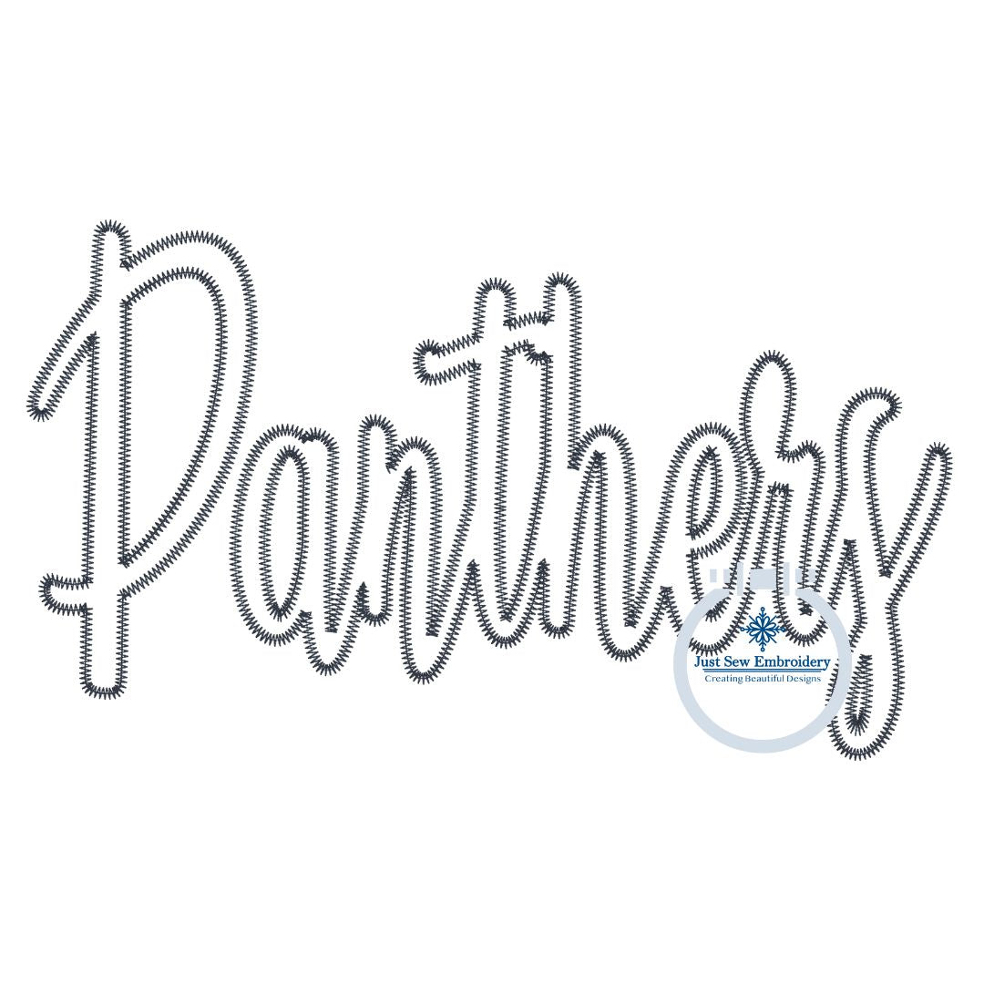 PANTHERS Script Applique Embroidery Zigzag Edge Design Four Sizes 5x7, 8x8, 6x10, 7x12 Hoop