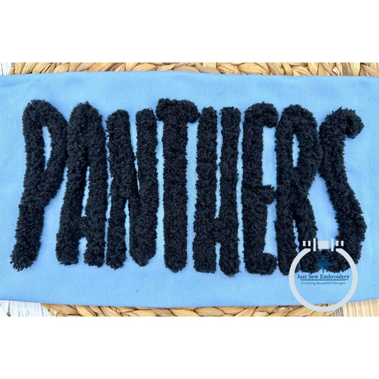 PANTHERS Skinny Chenille Yarn Applique Embroidery Two Sizes 6x10 and 7x12 Hoop