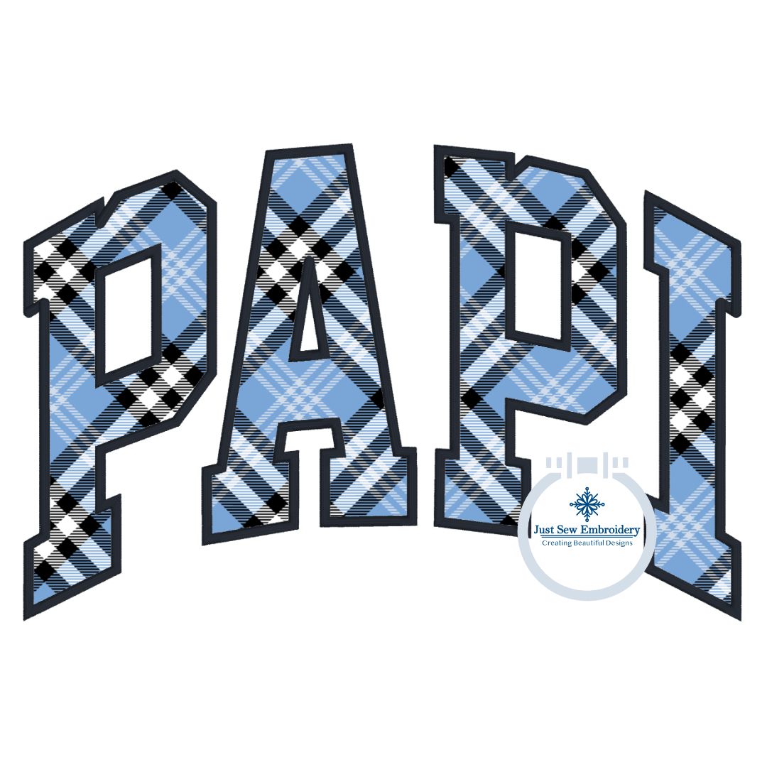 PAPI Arched Satin Applique Embroidery Design Academic Font Father's Day Gift Five Sizes 5x7, 8x8, 6x10, 7x12, 8x12