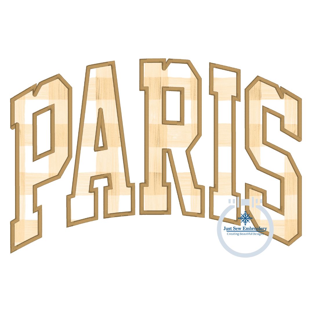 PARIS Arched Satin Applique Embroidery Varsity Font Five Sizes 5x7, 8x8, 6x10, 7x12, and 8x12 Hoop