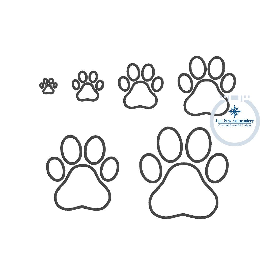 Paw Print Satin Applique Embroidery Design Nine Sizes 1 inch through 9 inch