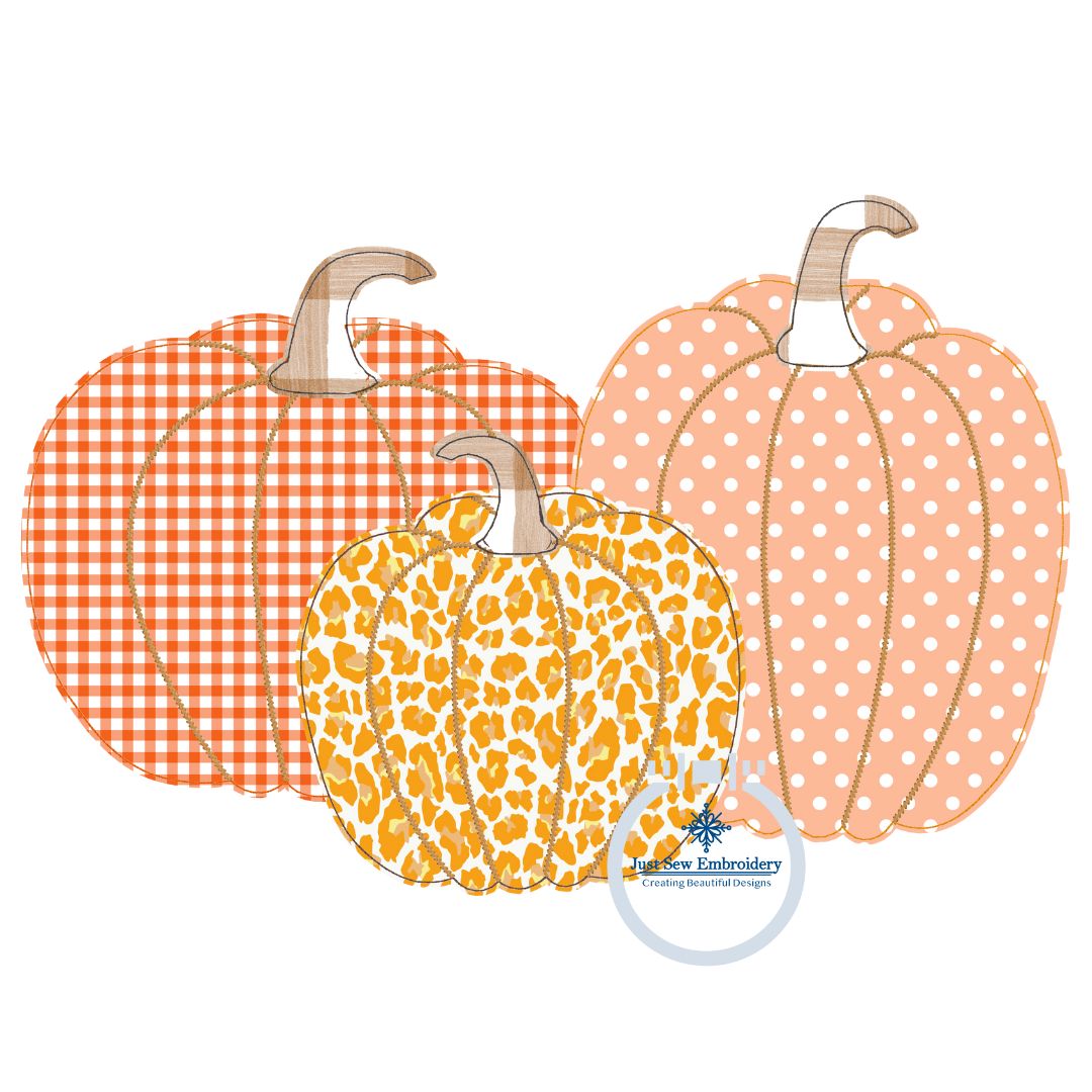 Pumpkin Trio Raggy Applique Machine Embroidery Design Five Sizes 5x7, 8x8, 6x10, 7x12, 8x12 Hoop