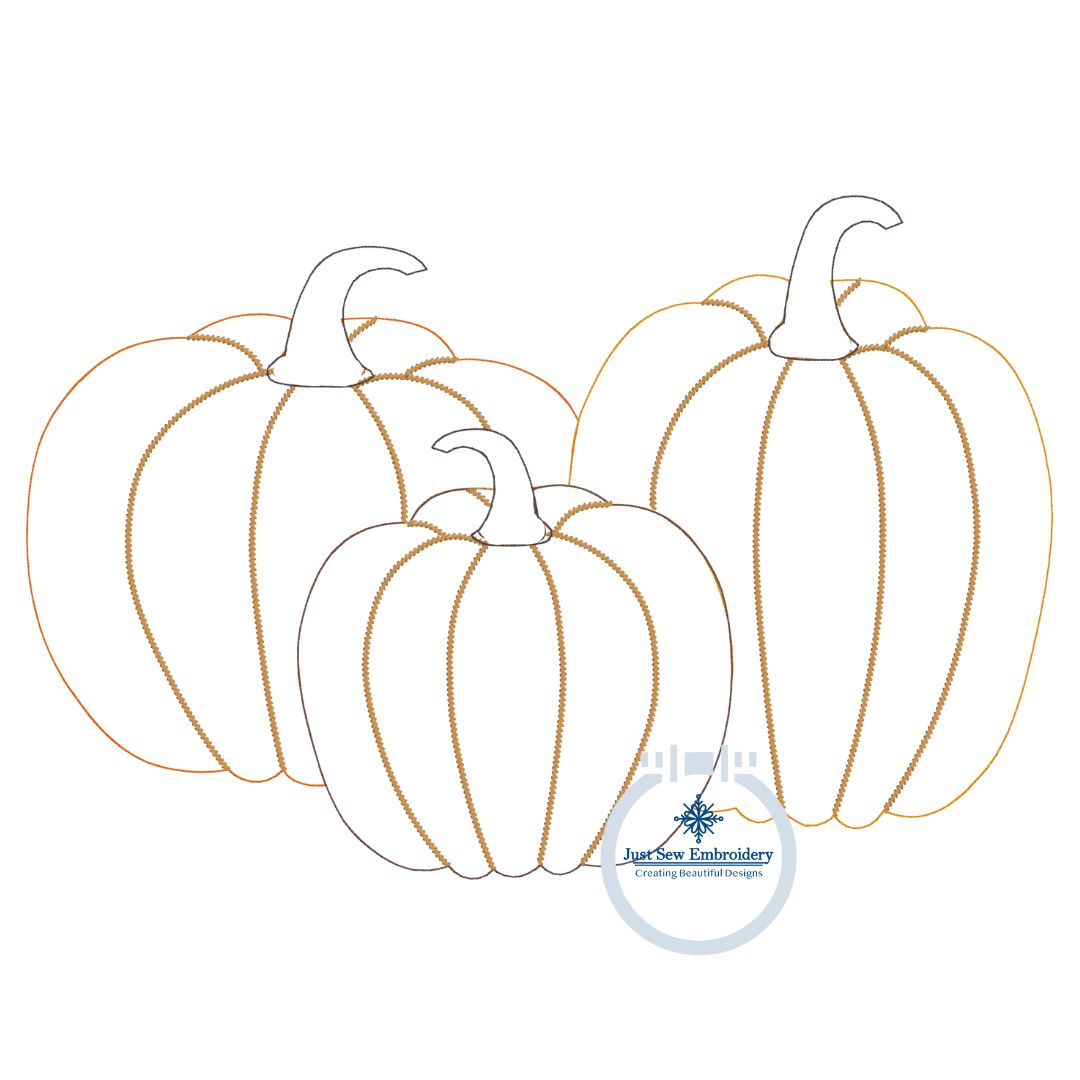 Pumpkin Trio Raggy Applique Machine Embroidery Design Five Sizes 5x7, 8x8, 6x10, 7x12, 8x12 Hoop