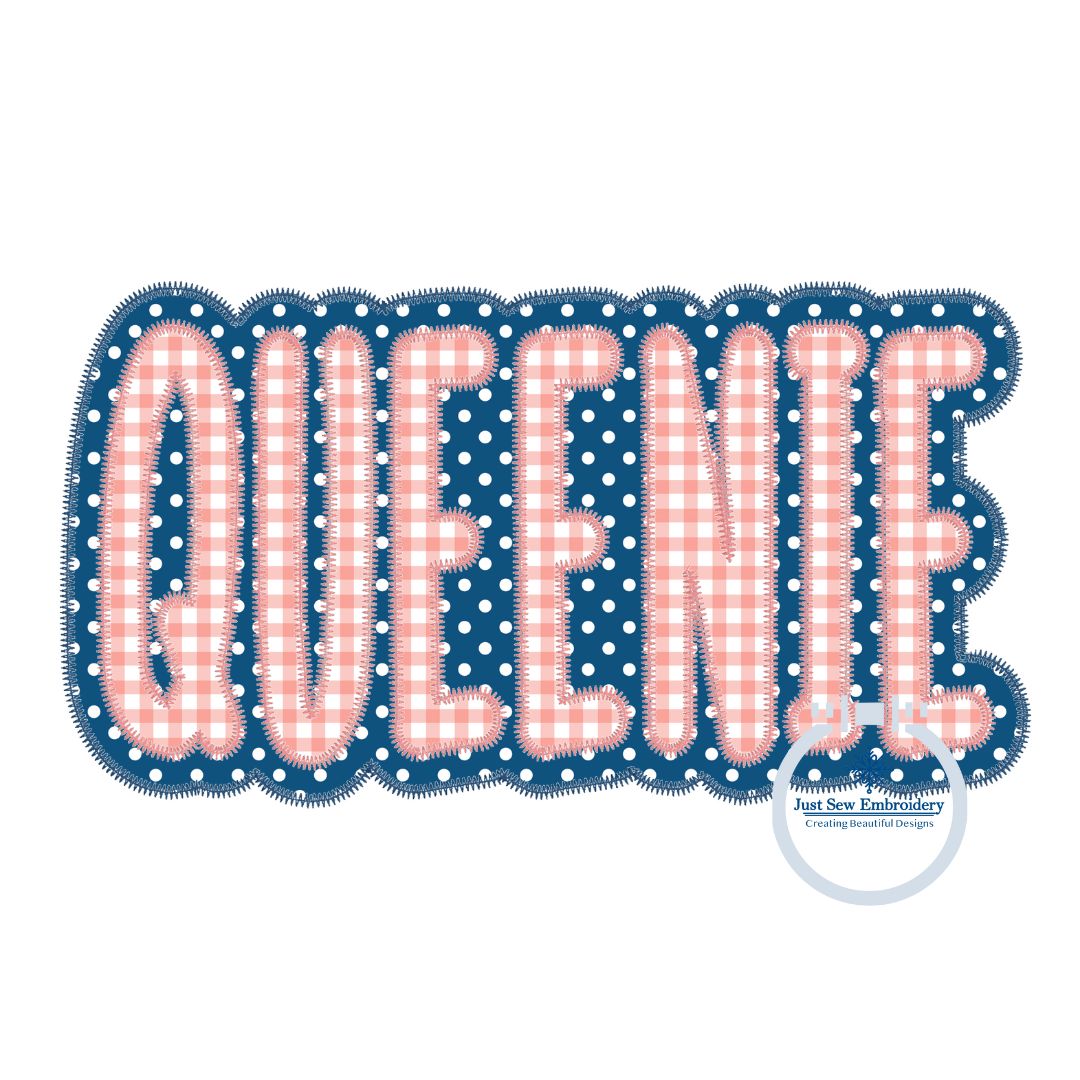 Queenie Two Layer Applique Embroidery Design Machine Embroidery Two Color ZigZag Edge Five Sizes 5x7, 8x8, 9x9, 6x10, and 7x12 Hoop