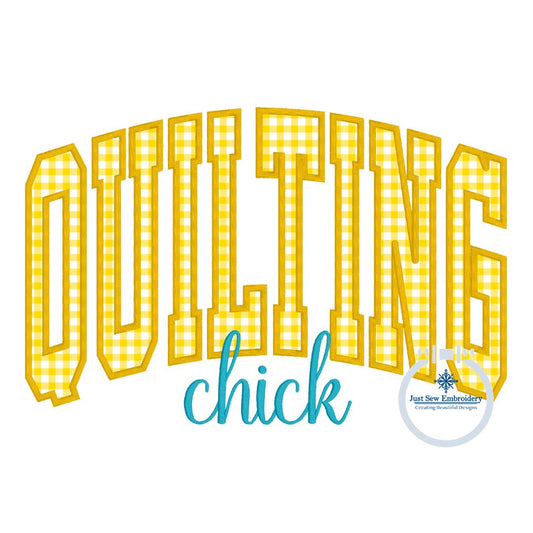 Quilting Chick Arched Satin Stitch Applique Embroidery Design Six Sizes 5x7, 8x8, 9x9, 6x10, 7x12, and 8x12 Hoop