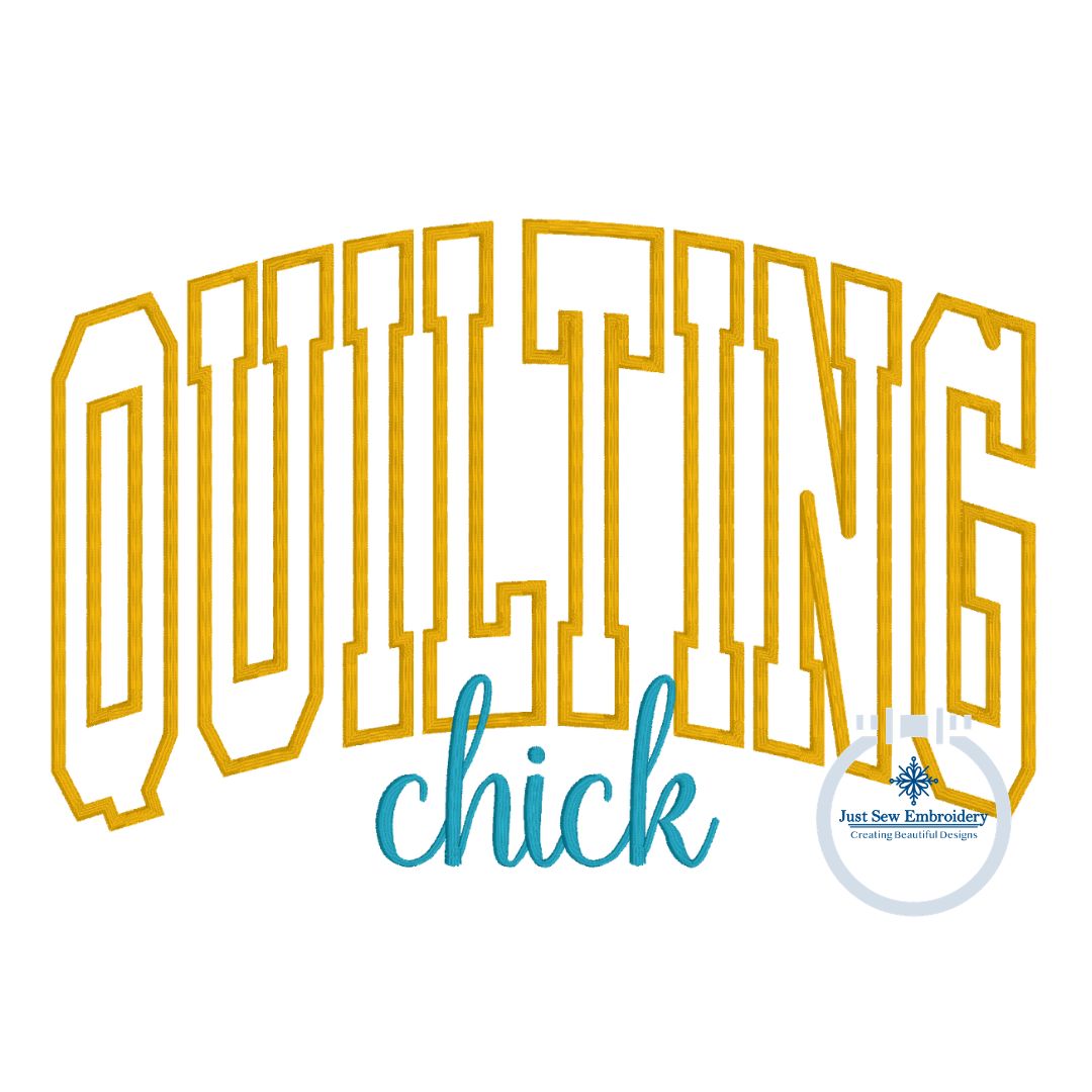 Quilting Chick Arched Satin Stitch Applique Embroidery Design Six Sizes 5x7, 8x8, 9x9, 6x10, 7x12, and 8x12 Hoop
