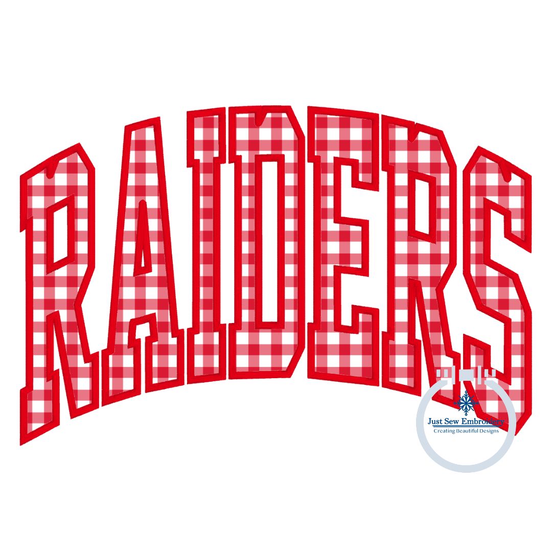 Raiders Arched Satin Applique Embroidery Design Five Sizes 5x7, 8x8, 6x10, 7x12, and 8x12 Hoop