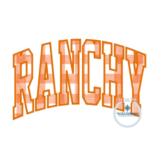 RANCHY Applique Embroidery Arched Design Academic Font Satin Edge Stitch in Four Sizes 5x7, 6x10, 8x8, and 8x12 Hoop