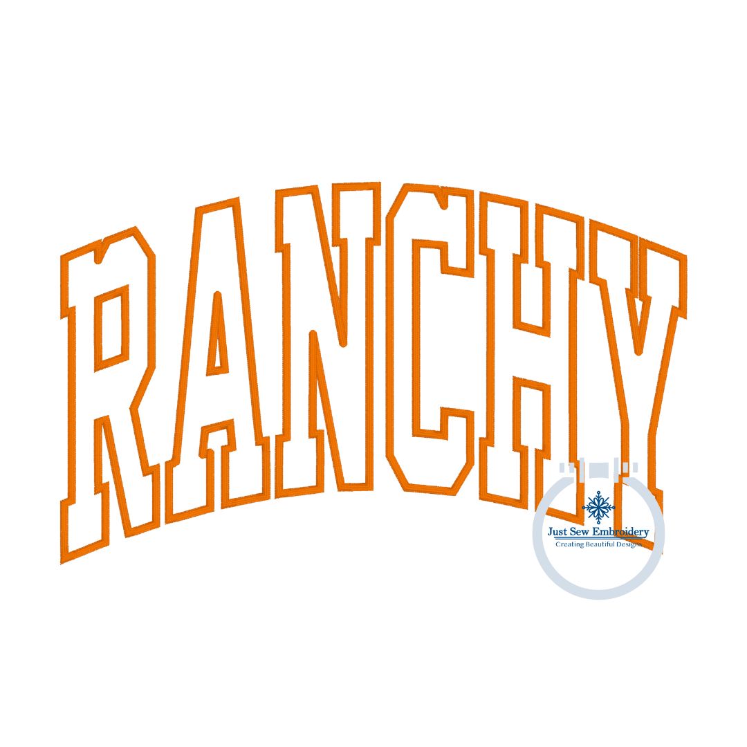 RANCHY Applique Embroidery Arched Design Academic Font Satin Edge Stitch in Four Sizes 5x7, 6x10, 8x8, and 8x12 Hoop