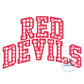 Red Devils Stacked Arched Applique Embroidery Satin Machine Design Six Sizes 5x7, 6x10, 8x8, 7x12, 8x12, and 9x9 Hoop