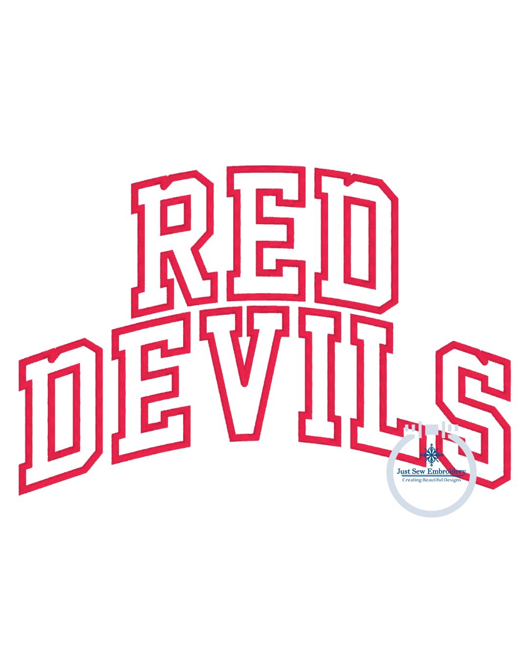 Red Devils Stacked Arched Applique Embroidery Satin Machine Design Six Sizes 5x7, 6x10, 8x8, 7x12, 8x12, and 9x9 Hoop