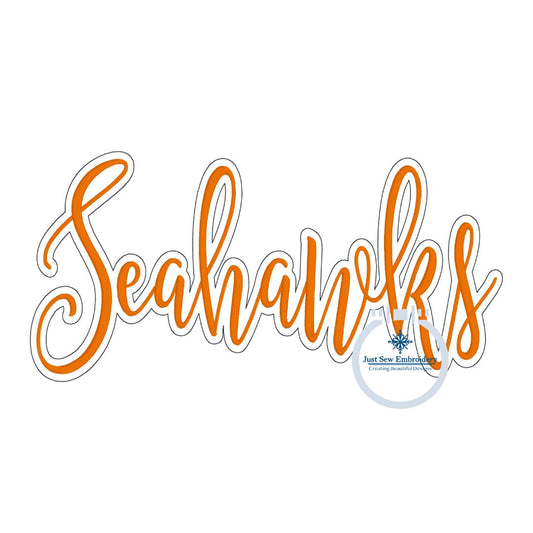 SEAHAWKS Script Embroidery with Bean Stitch Outline Satin Stitch Four Sizes 5x7, 8x8, 6x10, and 7x12 Hoop