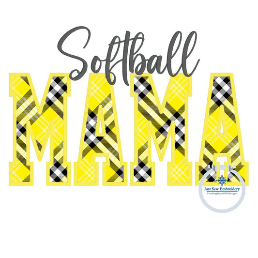 Softball MAMA Satin Applique Machine Embroidery Design Five Sizes 5x7, 8x8, 6x10, 7x12, and 8x12 Hoop