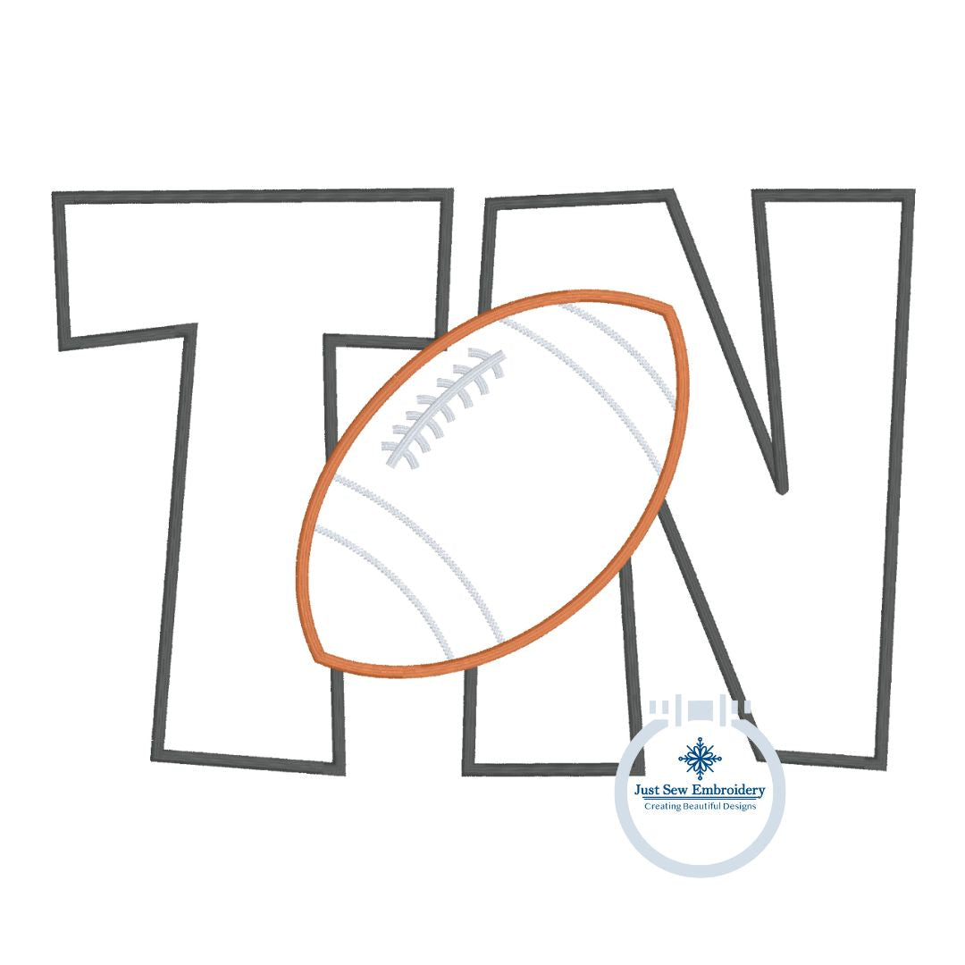 TN Tennessee Football Applique Embroidery Satin Stitch Five Sizes 5x7, 8x8, 6x10, 7x12, and 8x12 Hoop