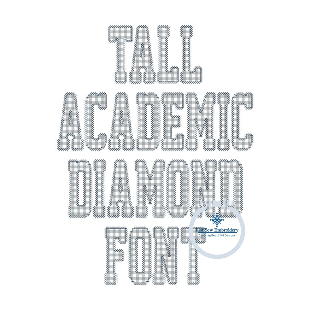 Academic Tall Diamond Font Applique Embroidery Six Sizes 3, 4, 5, 6, 7, and 8 Inch, plus Native BX