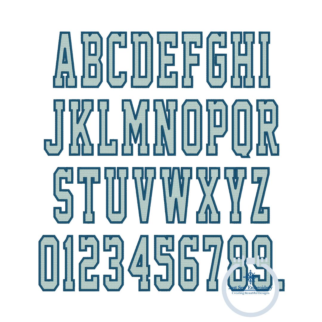 Tall Academic Fill Satin Applique Embroidery Font Five Sizes 4, 5, 6, 7, and 8 Inch, plus Native BX