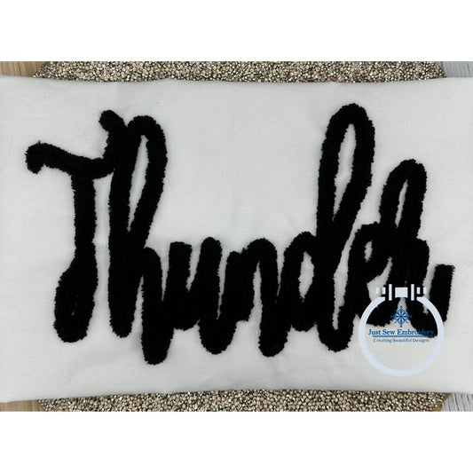 Thunder Chenille Yarn Applique Embroidered Script Design Five Sizes 5x7, 8x8, 9x9, 6x10, and 7x12 Hoop