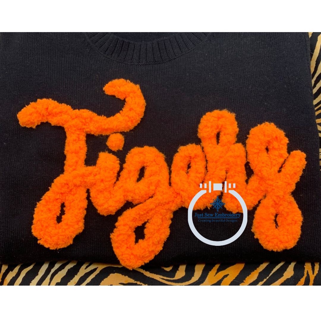 Tigers Chenille Yarn Applique Script Zigzag Machine Embroidery Design Three Sizes 6x10, 7x12 and 8x12 Hoop