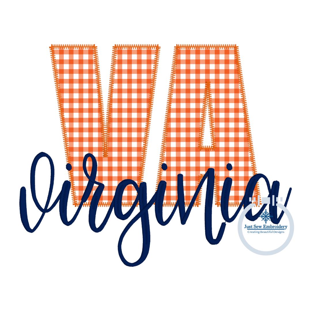 VA Zigzag Applique with Virginia Embroidered Script Design Five Sizes 5x7, 8x8, 6x10, 7x12, and 8x12 Hoop